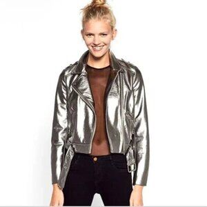 ZARA Trafaluc Faux Leather Metallic Biker Jacket Size Small